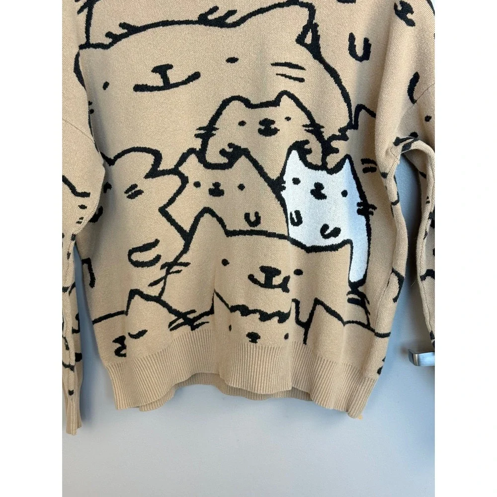Cat Graphic Knit Sweater Tan Oversized Crewneck Feline Print XL Y2K Quirky